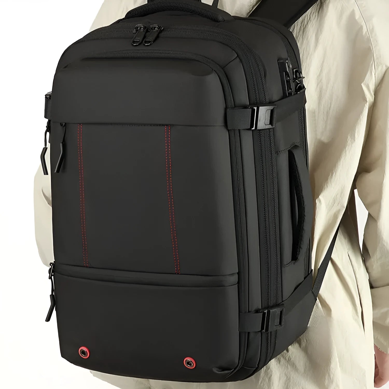 Men's business backpack with belt password lock, Oxford cloth, black airbag type, scalable 20-35L capacity
