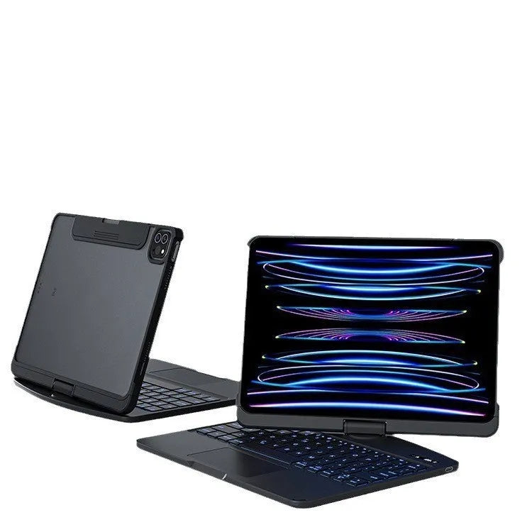 Transparent Bluetooth keyboard case for iPad showing iPad visible through clear protective cover with integrated keyboard