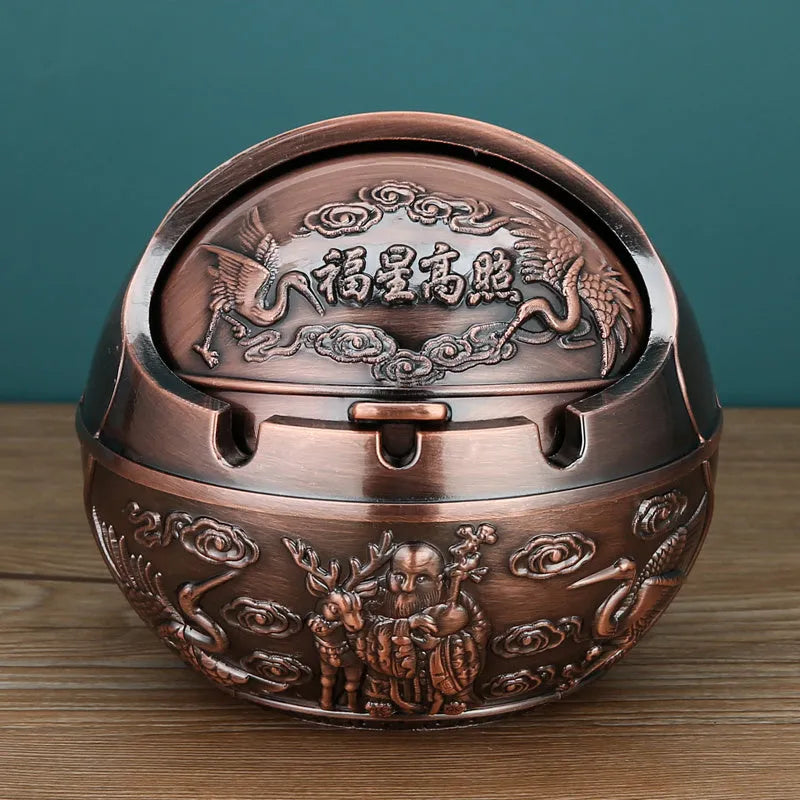 XL decorative alloy ashtray with smoke slot in bronze finish showing dragon and phoenix design