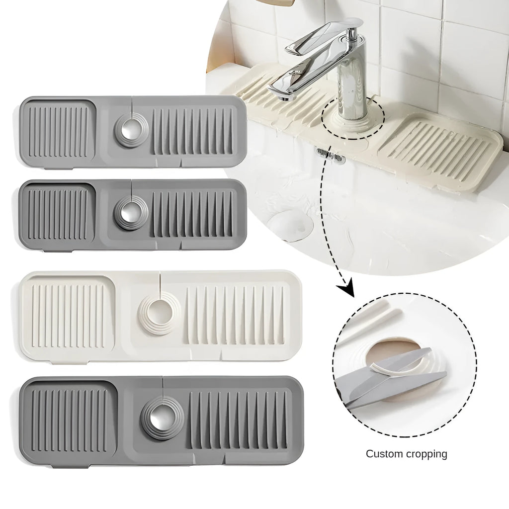 Silicone faucet splash guard mat in a choice of colours, showing sloped design with drain channels, placed around a sink faucet base.