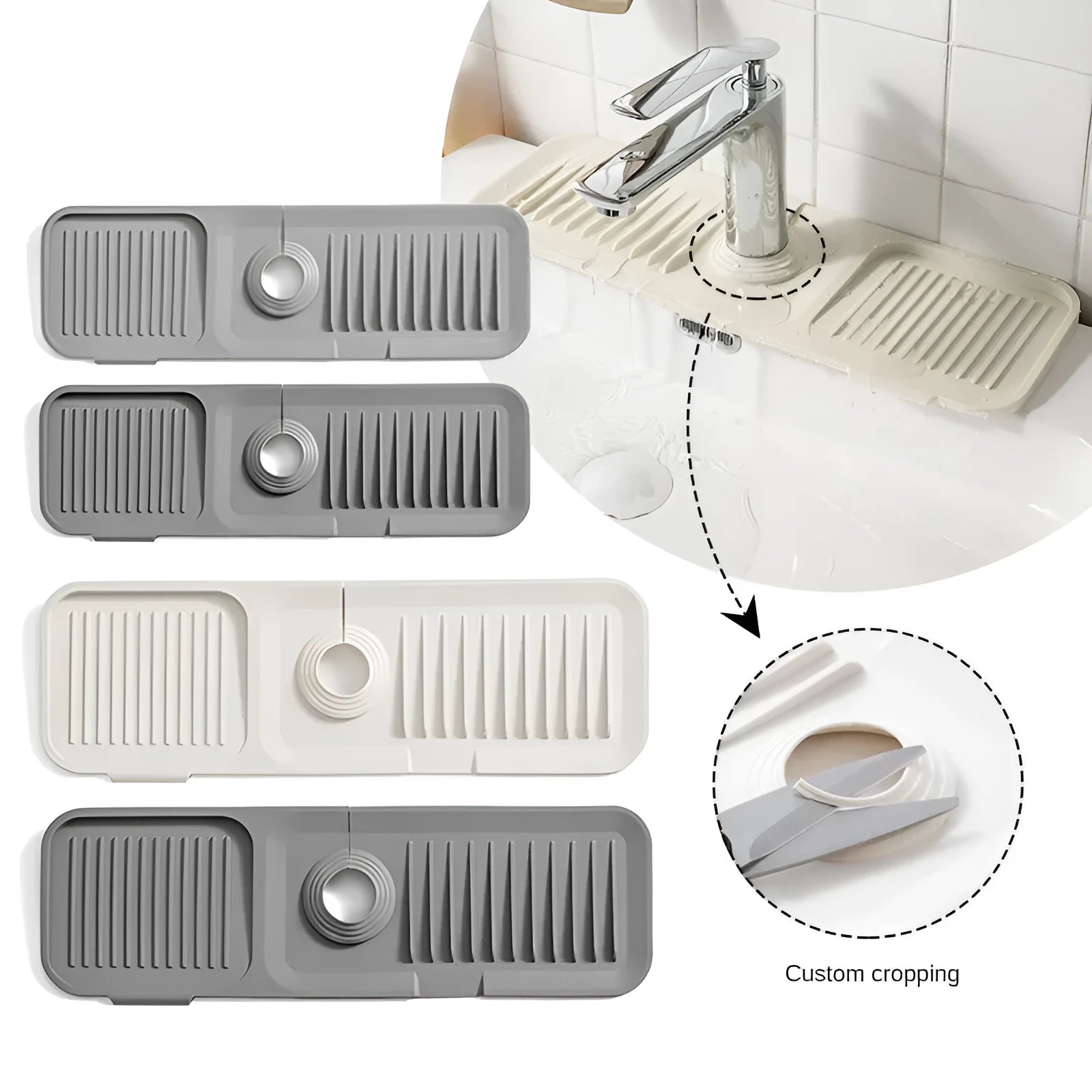 Silicone faucet splash guard mat in a choice of colours, showing sloped design with drain channels, placed around a sink faucet base.