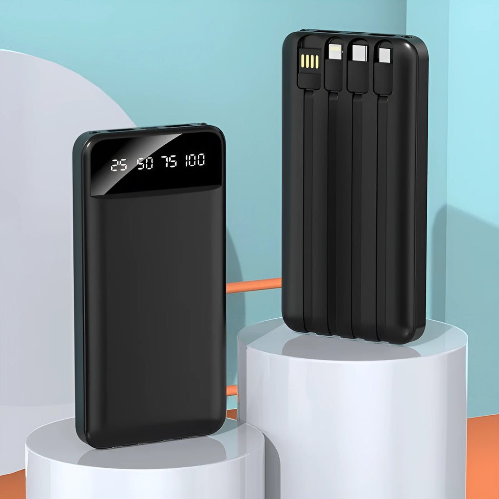 20000 mAh fast charge power bank with cable in industrial style plastic shell