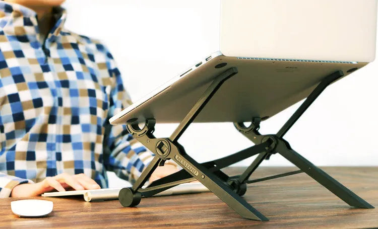 Black folding laptop computer stand with reinforced nylon construction showing folded position at 35.4cm length