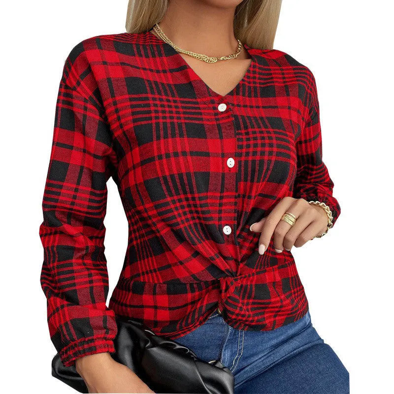 Women's purple plaid casual loose shirt with regular sleeves on mannequin