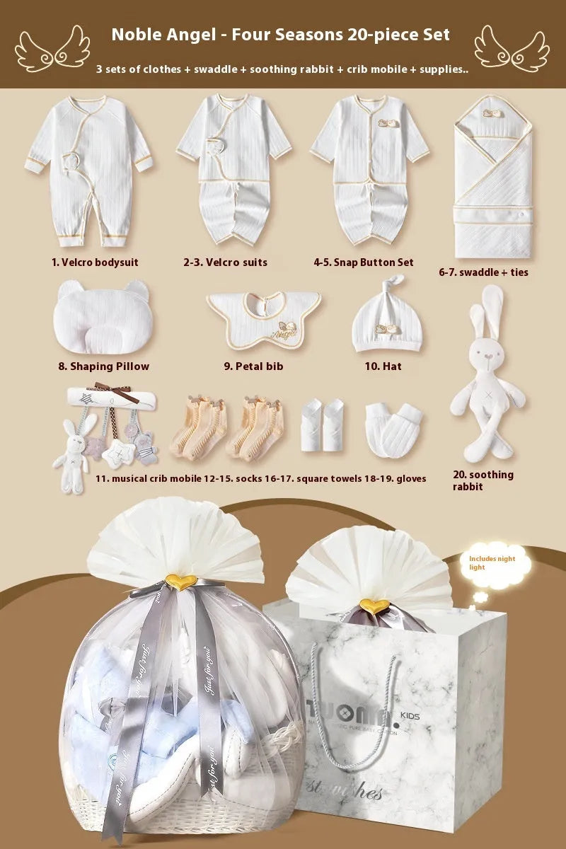 Cotton newborn gift box suit with long sleeve cardigan, soothing rabbit bed bell, and 18-23 pieces for 0-12 months babies