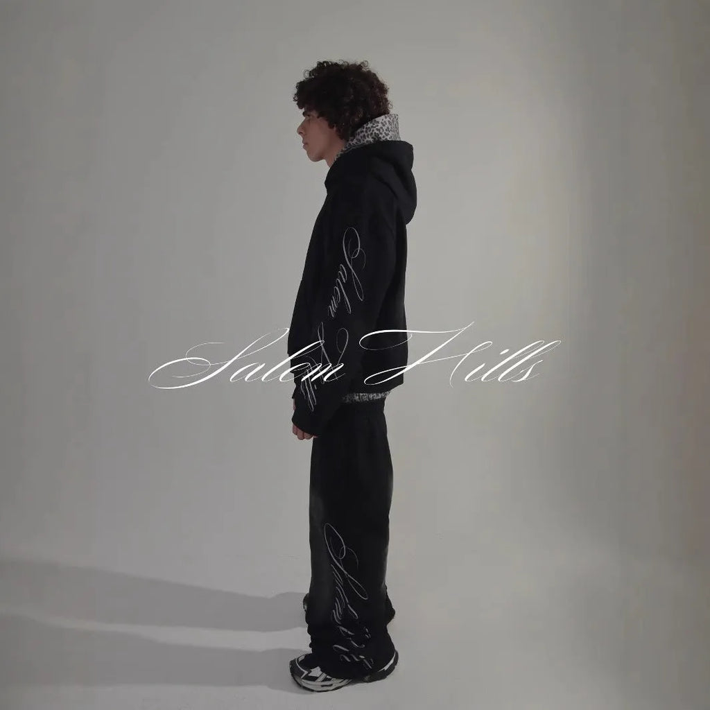 Men's punk print pullover hoodie two-piece set with long sleeves and fleece lining