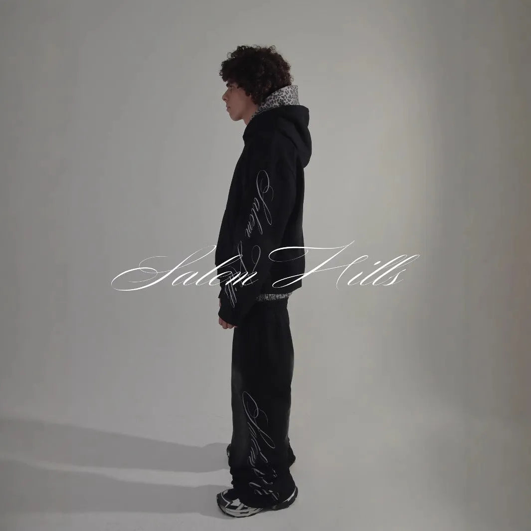 Men's punk print pullover hoodie two-piece set with long sleeves and fleece lining