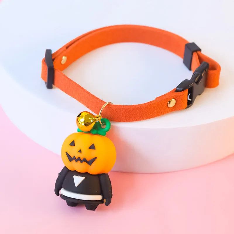 Halloween dog collar decoration in a cartoon design, shown with adjustable sizing options.