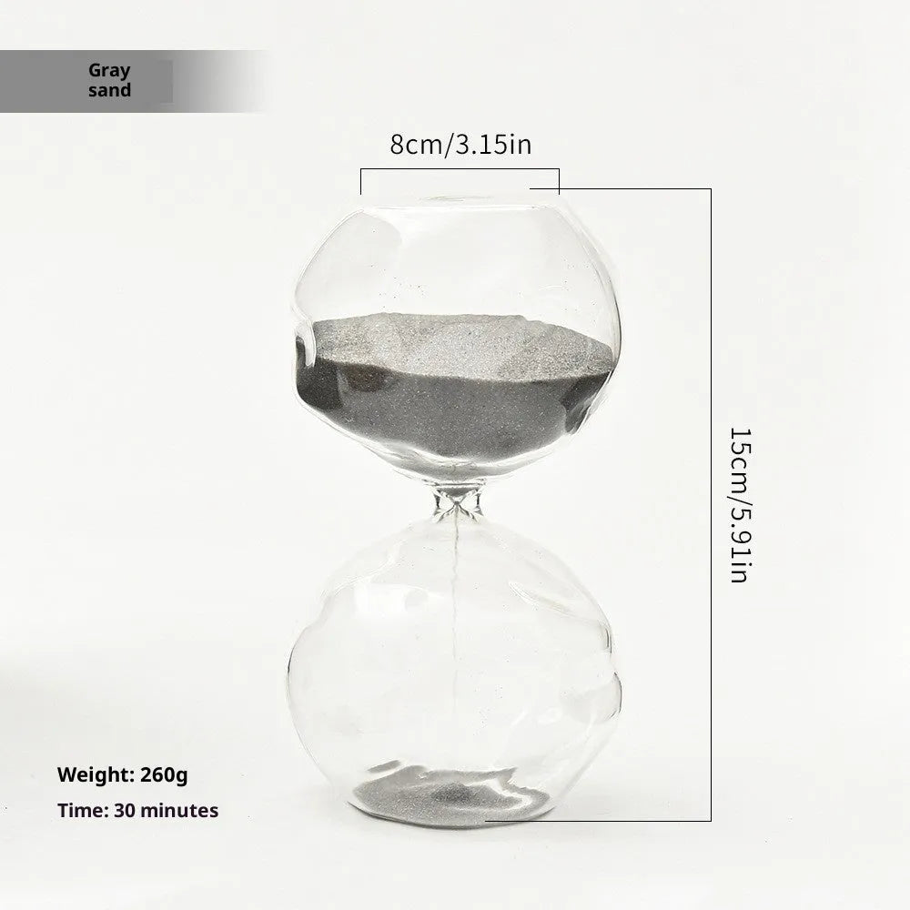 Borosilicate glass sand timer with coloured sand in a European-style blown glass hourglass