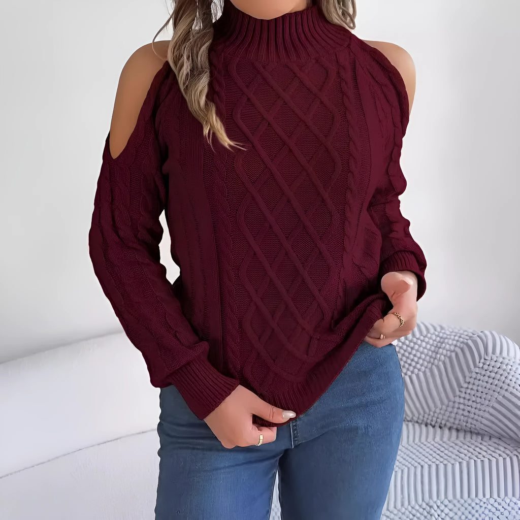 Women's casual strapless twist sweater with lantern sleeves and half-high collar in acrylic fabric