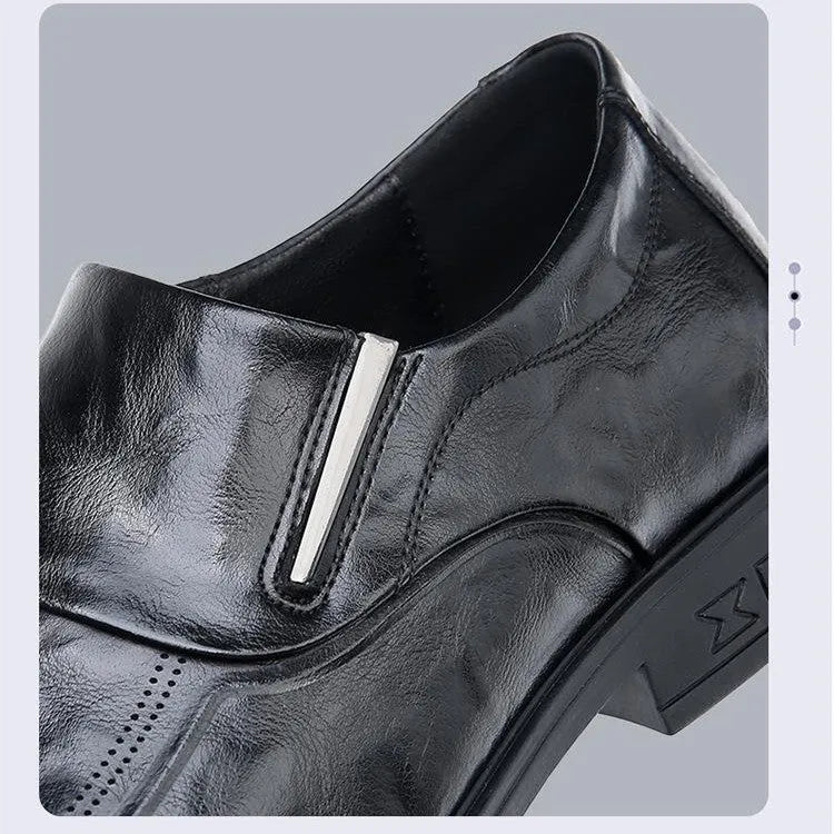 Slip-on cowhide leather men's shoe in black with rubber sole, side view, sizes 38-44