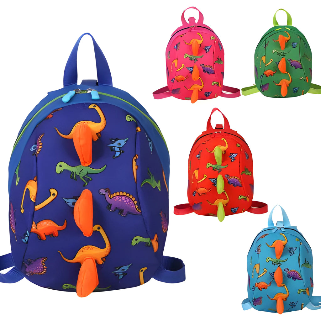 Dinosaur cartoon backpack in blue with printed animal pattern, Oxford cloth, zip closure