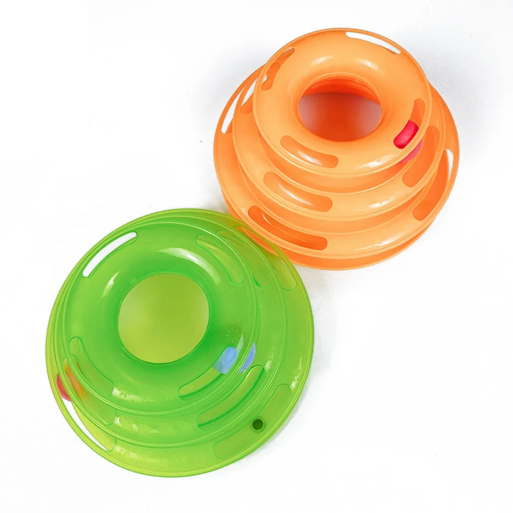 Four-layer cat turntable ball tower track toy with colourful rolling ball on a plastic base, size 16x29cm, pink colour option
