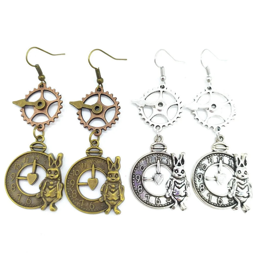 Alloy steampunk rabbit clock gear pointer earrings for women in antique silver