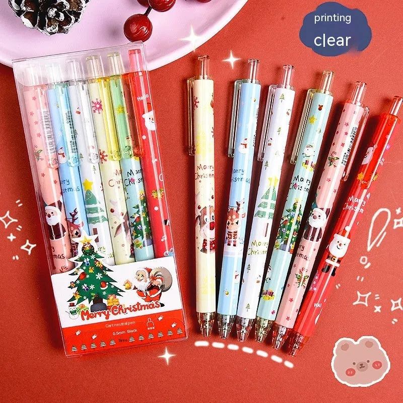 Set of 6 press gel pens with black ink in cartoon series design for Christmas reward gift