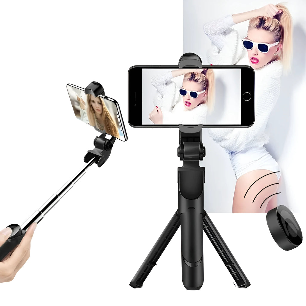 Bluetooth handheld selfie stick with wireless remote control in black colour