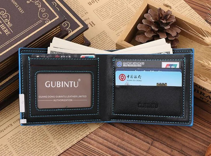 Mens black PU leather wallet with blue edge, open showing card slots and bill compartments