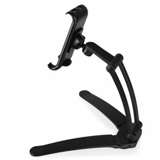 Silver aluminum desktop tablet stand holding a tablet, showing its adjustable clips and 360-degree rotation.