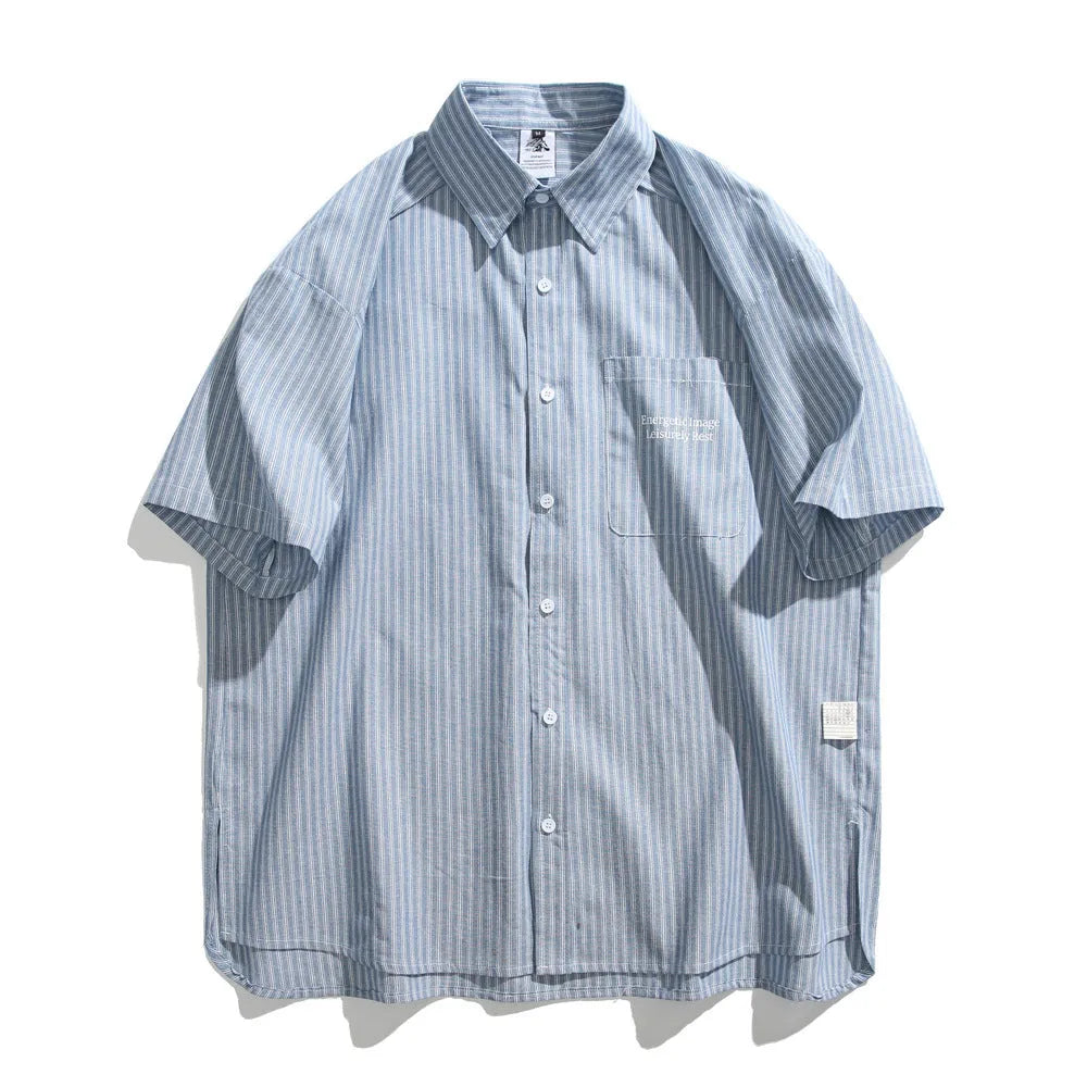 Blue striped overalls shirt for men and women in loose fit cardigan style with short sleeves