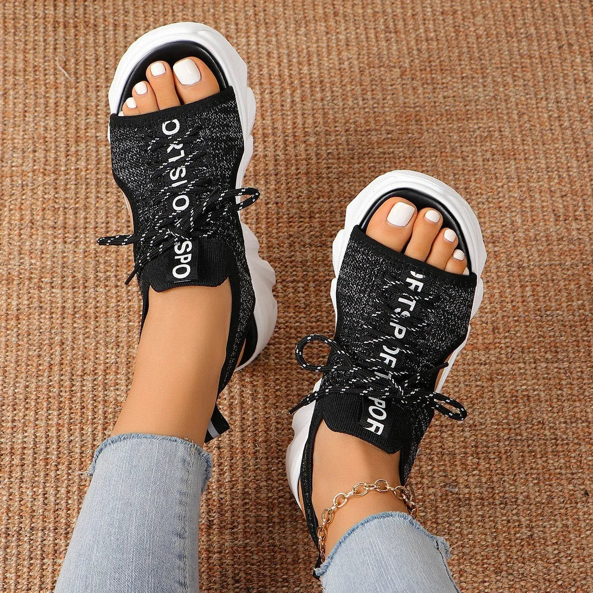 Women's hollowed-out mid heel mesh platform sandals in beige, front lace-up, round toe