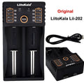 C20 lithium battery charger with two slots, LED display, and Micro USB input, shown with batteries