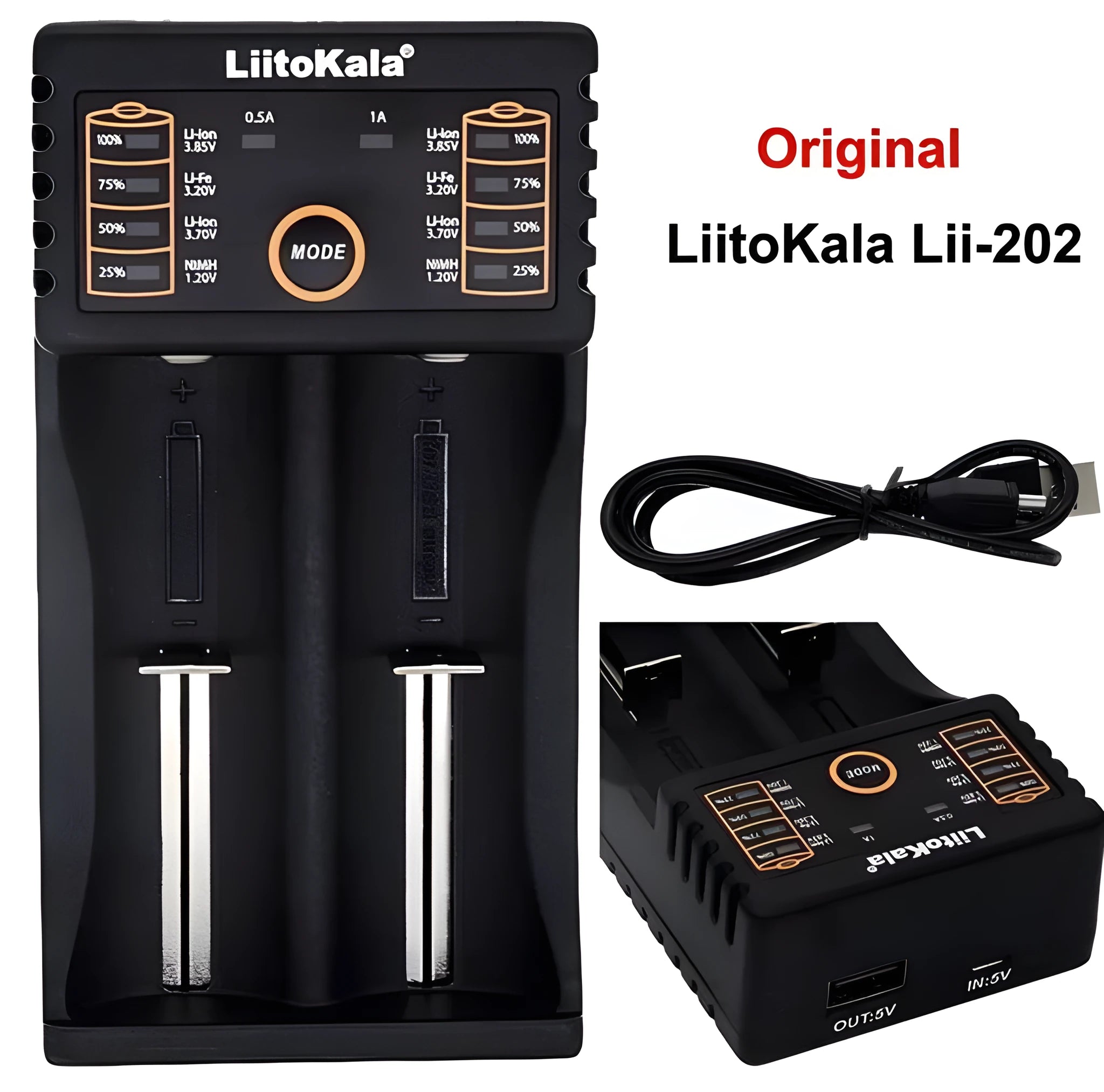 C20 lithium battery charger with two slots, LED display, and Micro USB input, shown with batteries