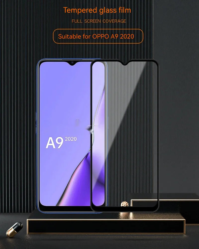Full glue black tempered glass screen protector for OPPO A9 2020 smartphone.