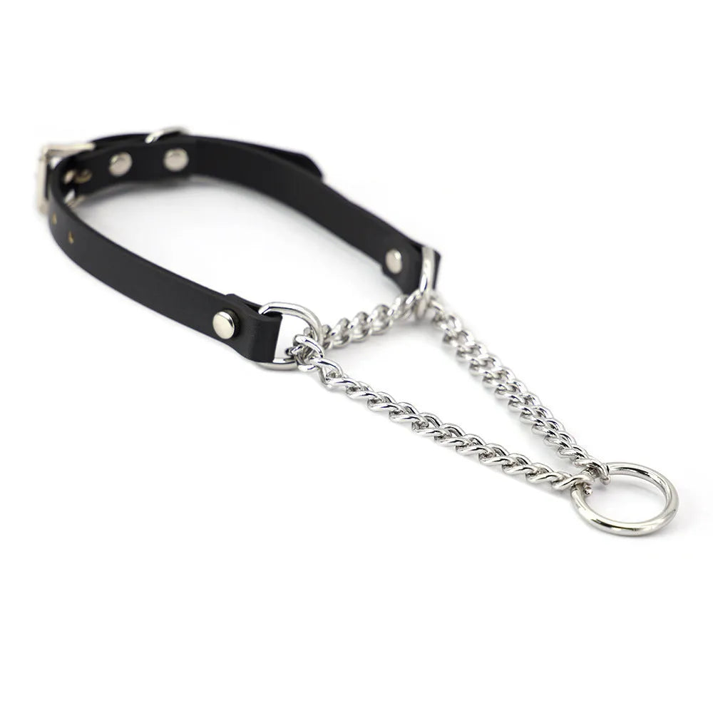 Black leather collar and hand grip rope leash punk accessory set