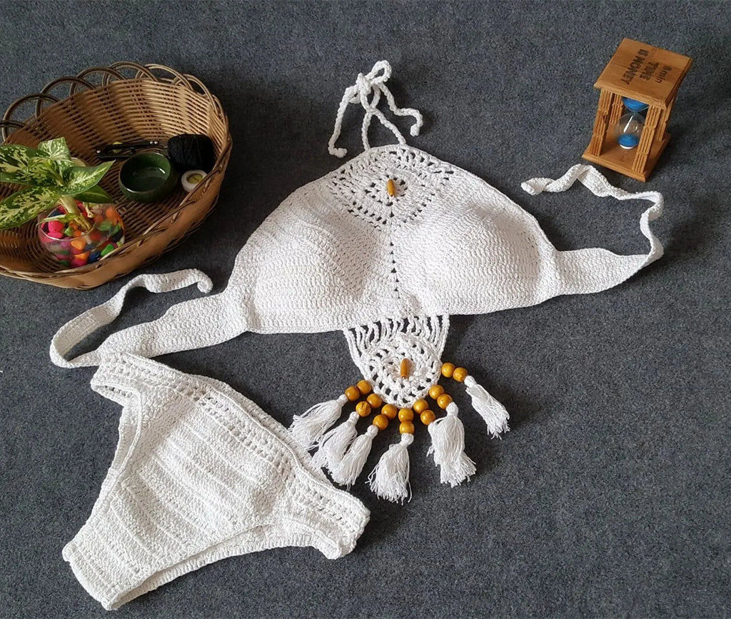 Women's crochet tassel bikini set in black, khaki, and white with tassel details, beachwear