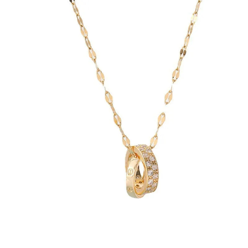 Double ring titanium steel necklace for women, gold finish, simple design, electroplated