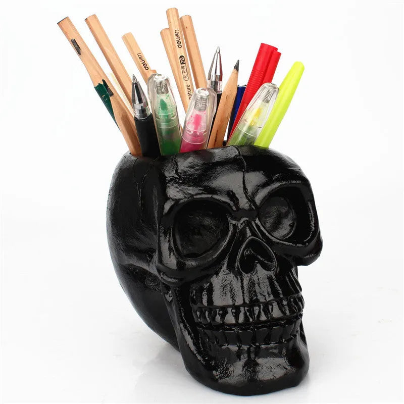Resin skull head storage tube in black with 350ml capacity for stationery and beauty tools