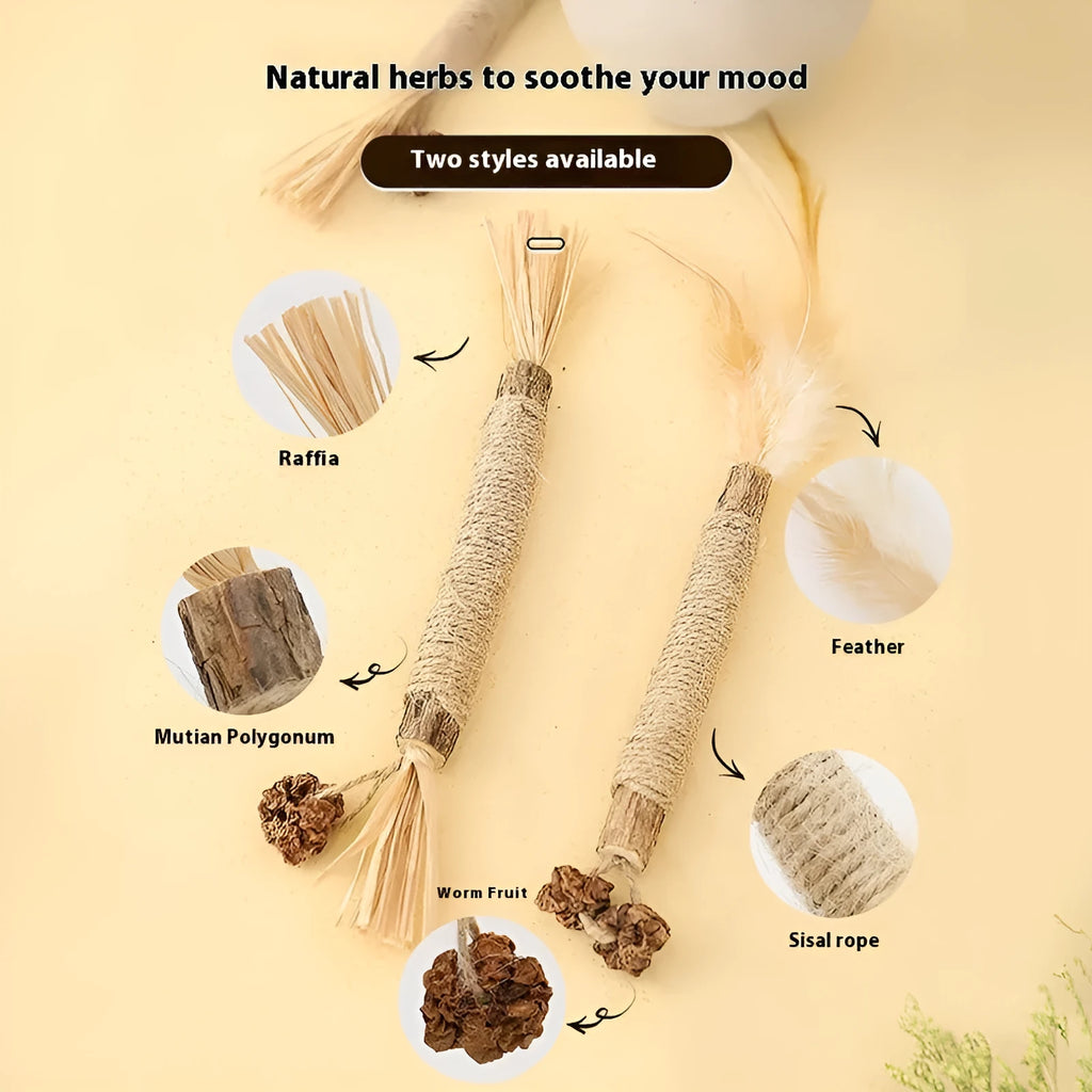 Wooden cat teeth grinding rod with catnip stem and raffia decoration, 2.2cm thick.