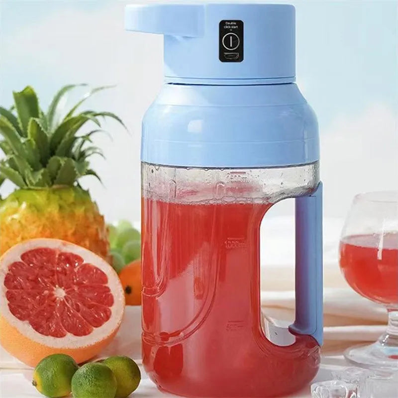 Portable 1500ml electric juicer with double handles and USB charging cable in emerald green