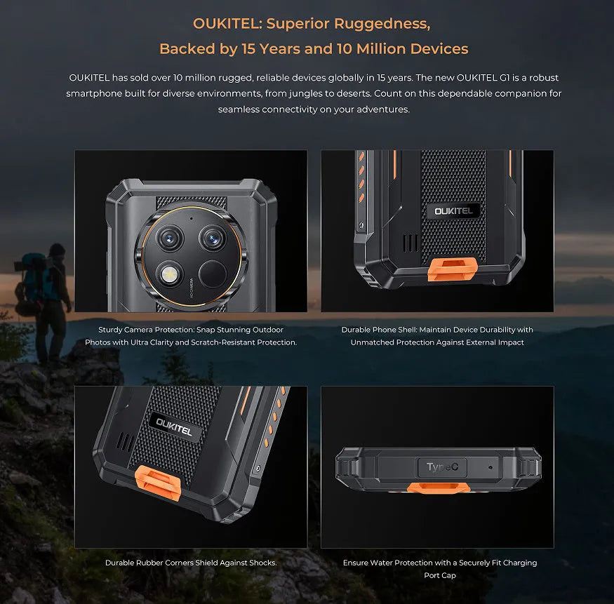 OUKITEL G1 mobile phone in choice of grey, green, or orange colour with charger and manual.
