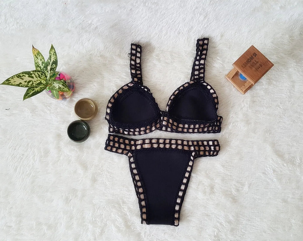 Hand crochet colourful bikini set with lace trim and rubber straps in multiple colours on white background