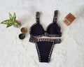 Hand crochet colourful bikini set with lace trim and rubber straps in multiple colours on white background