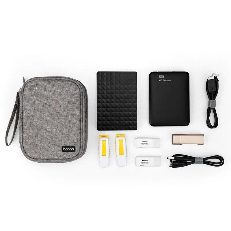 Black and grey oxford cloth protective cover for a 2.5-inch portable hard drive.