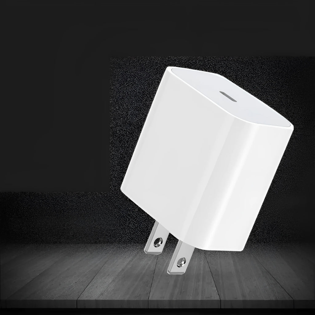 Type-C PD20W fast charging head with USB-C connector and white casing, available in multiple plug standards