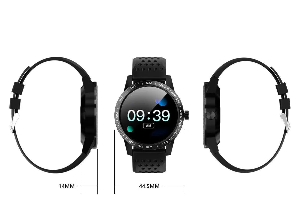 Black and blue smart bracelet with a 1.3-inch colour screen displaying heart rate and step data.