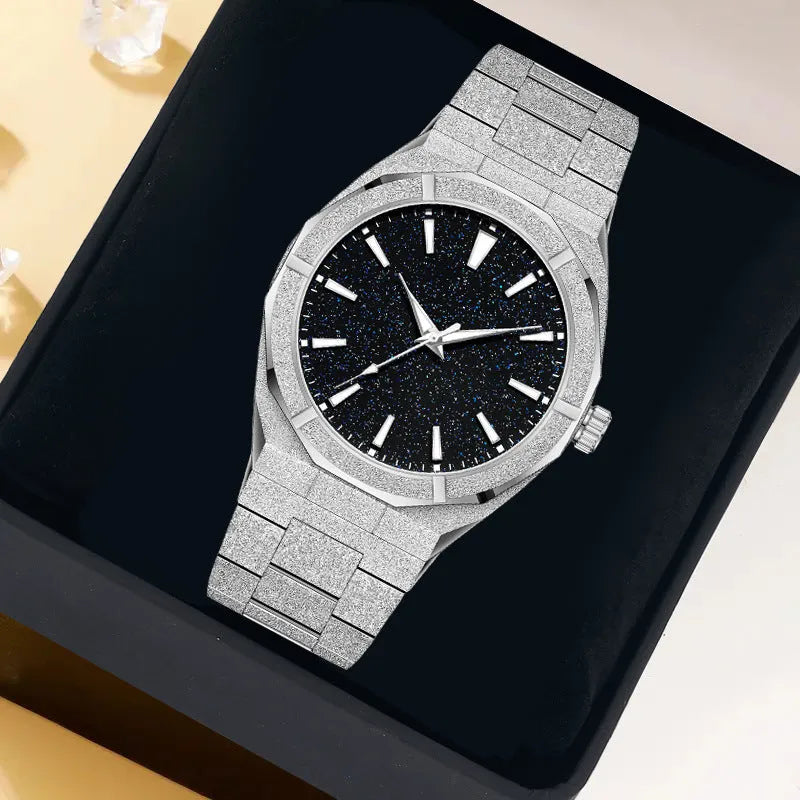 Business men's watch with frosted stainless steel case and luminous hands in silver colour option