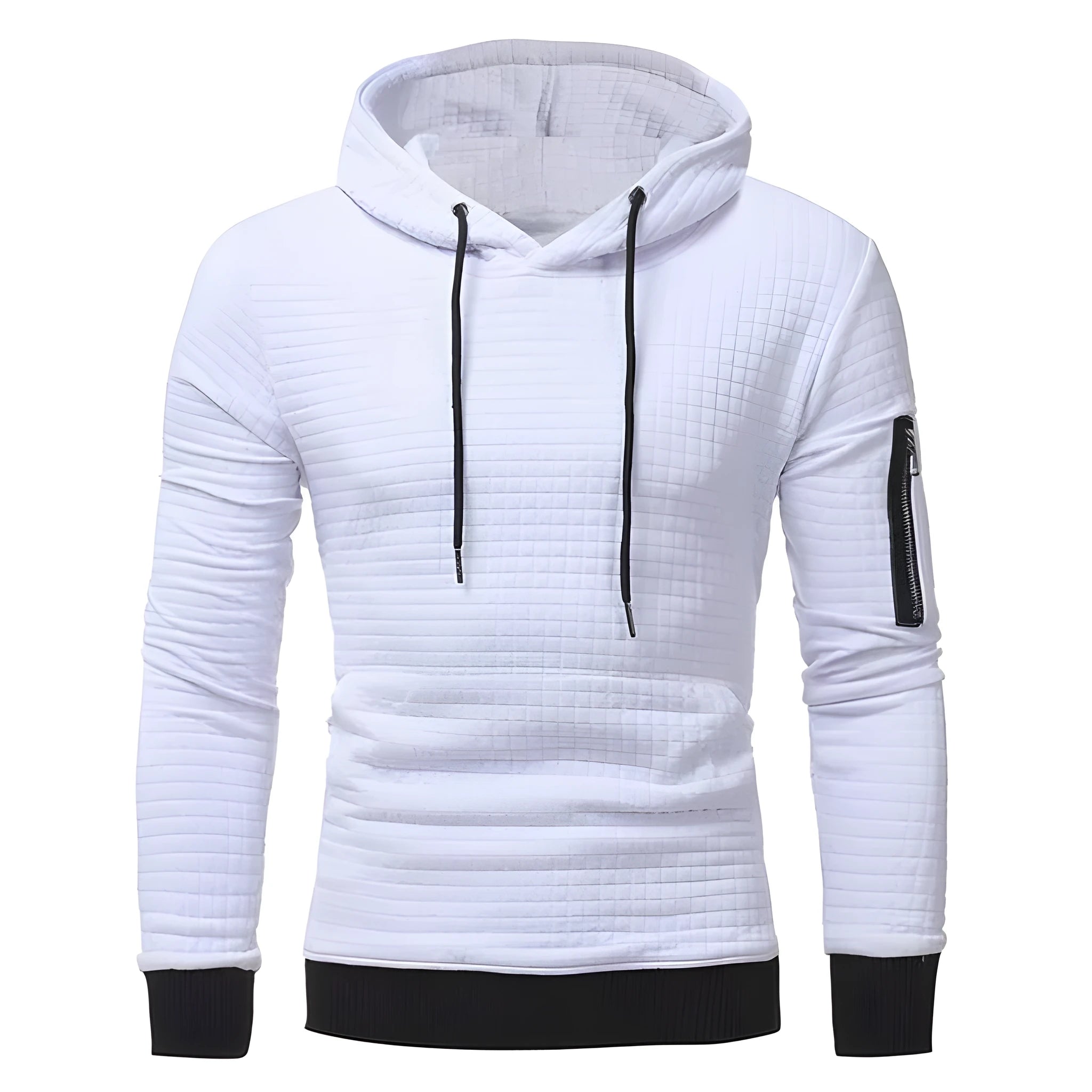 Men's sweatshirt hoodie with arm zipper long sleeve slim top in solid colour, O-neck, cotton poly blend, side view
