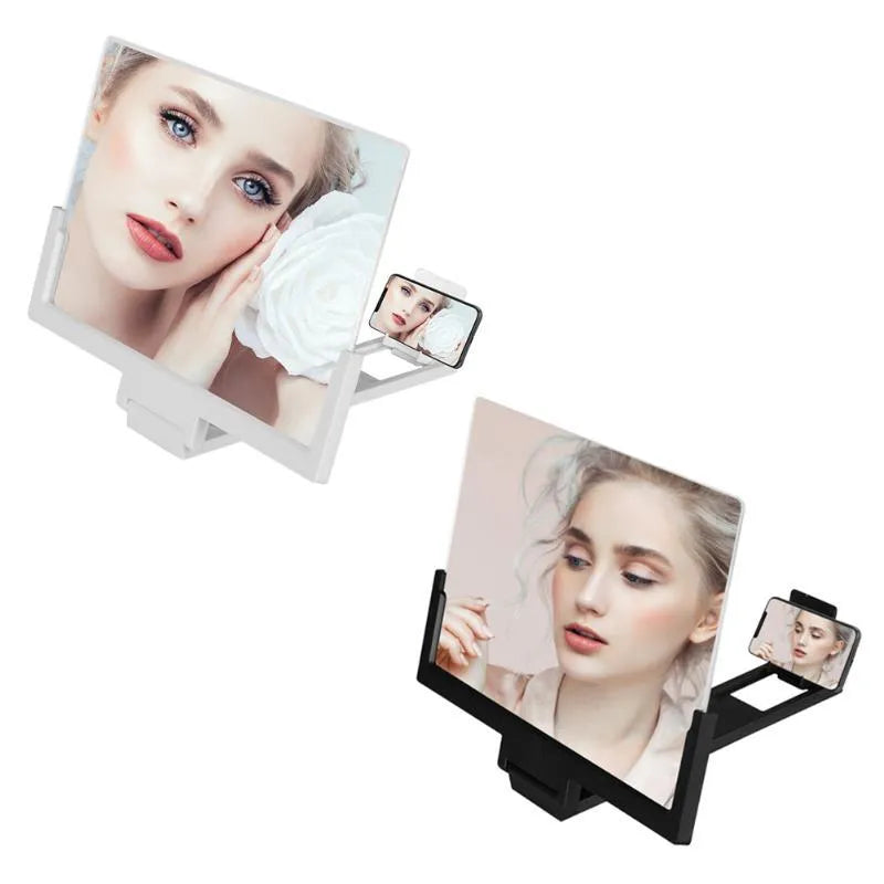 Black and white mobile phone stand with optical magnification on 295x170mm screen