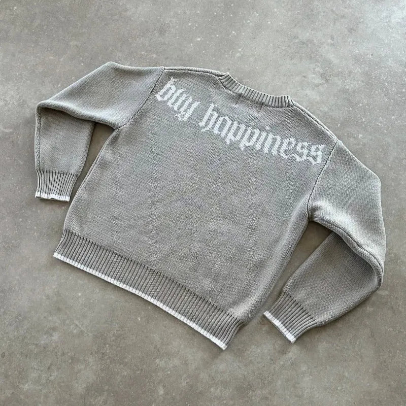 Grey jacquard patterned loose-fitting knitwear coat with long sleeves