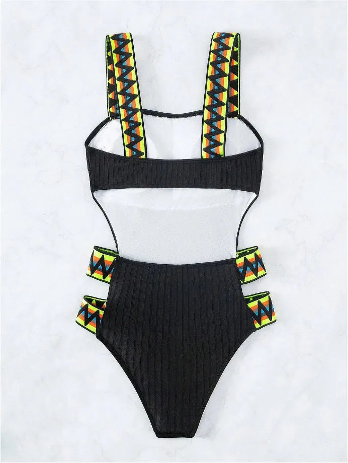 Black solid colour one-piece bikini swimsuit for women laid flat, showing front design