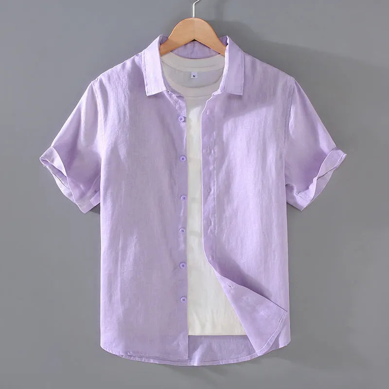 Men's youth short-sleeved linen shirt in cardigan style with regular fit