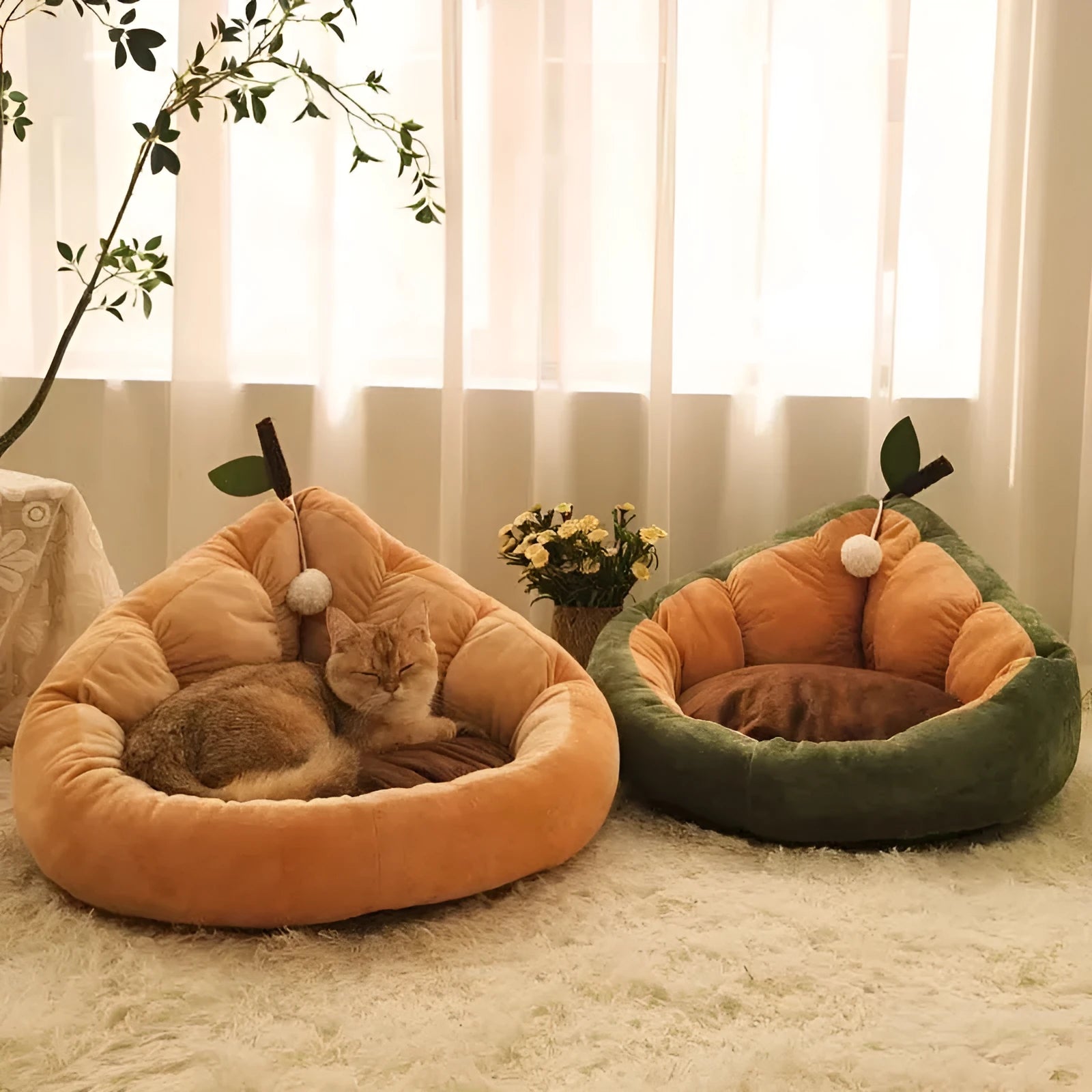 Soft cotton pet bed house for cats and dogs in coffee colour showing enclosed kennel design
