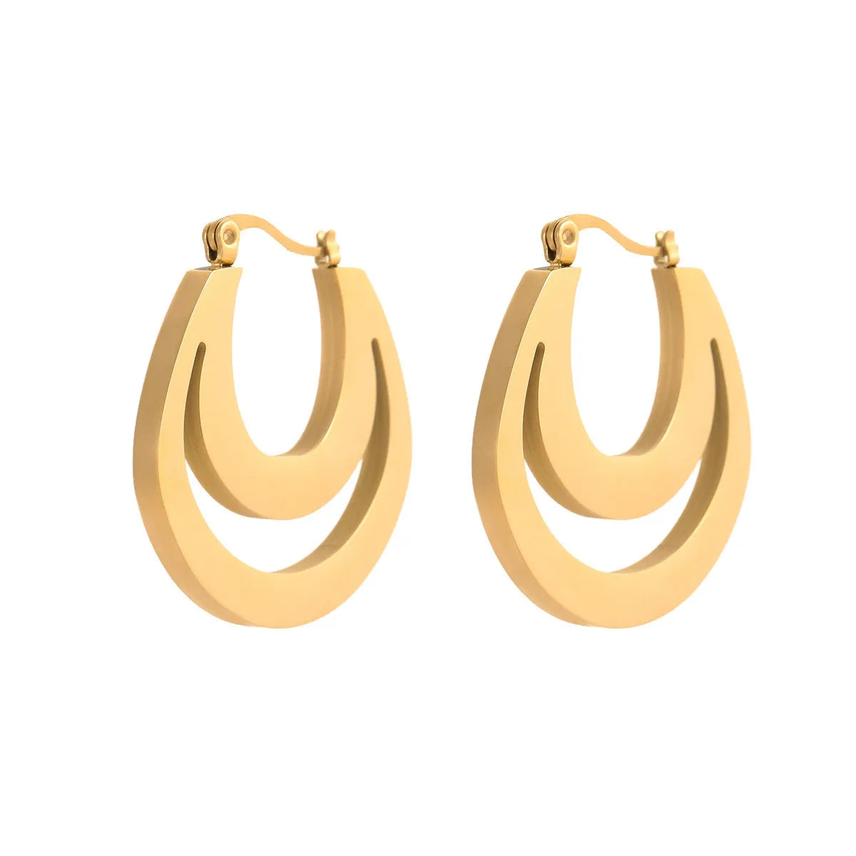 Gold plated geometric French earrings with round ring design on stainless steel with 18K purity plating