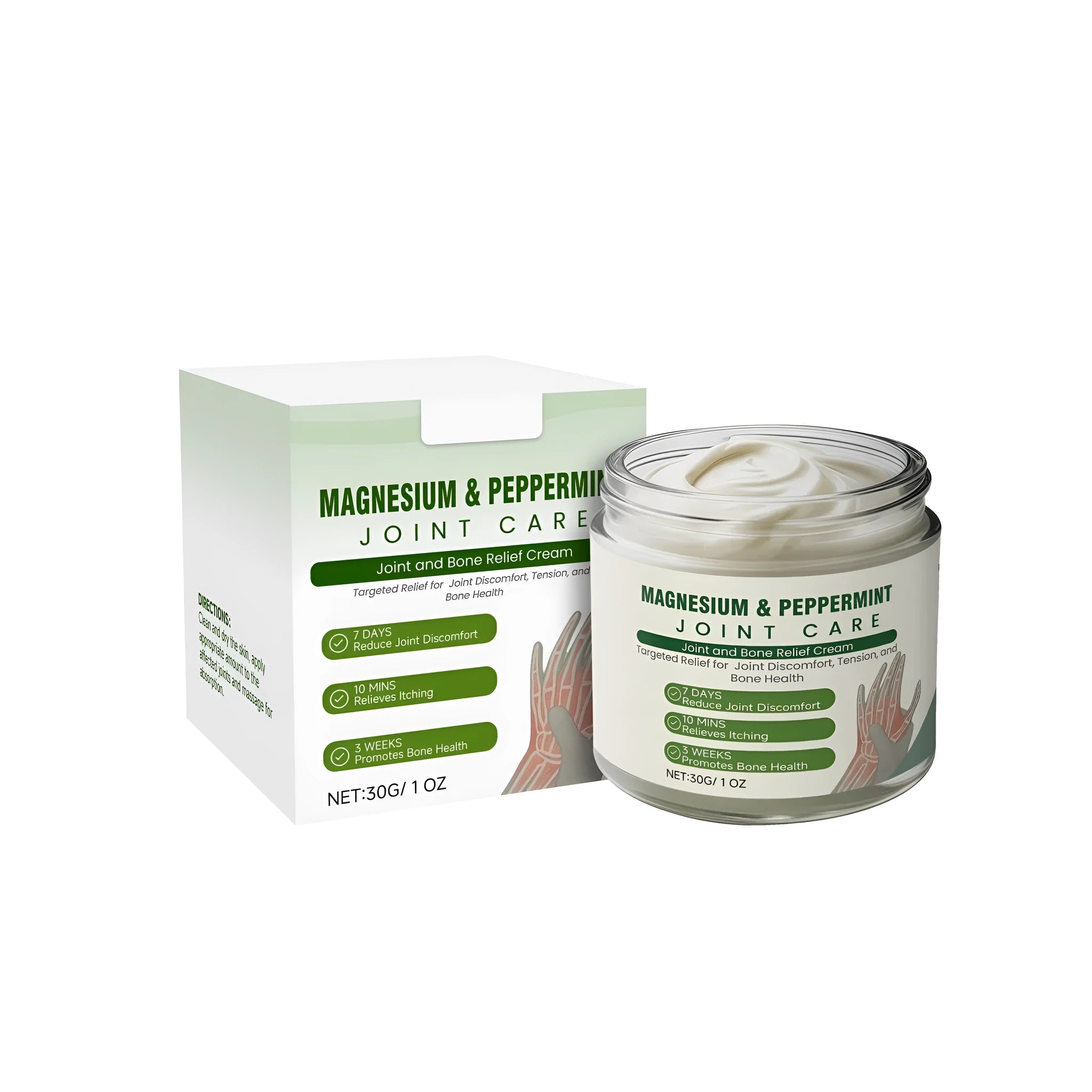 30g jar of joint and bone relief cream with mint, arnica and turmeric ingredients