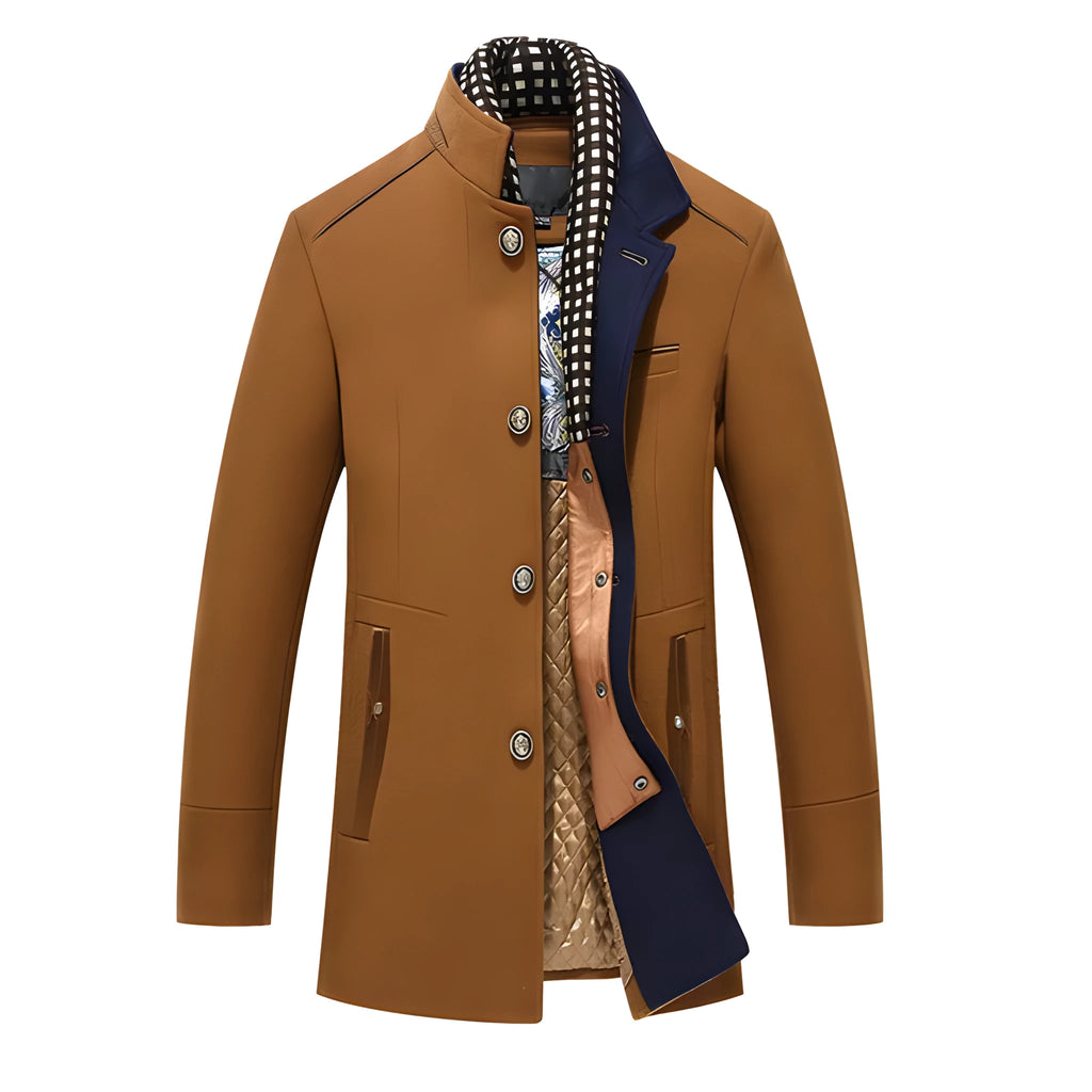 Men's woollen overcoat in khaki, navy or black with double collar and patch pockets, sizes L to XXXXL