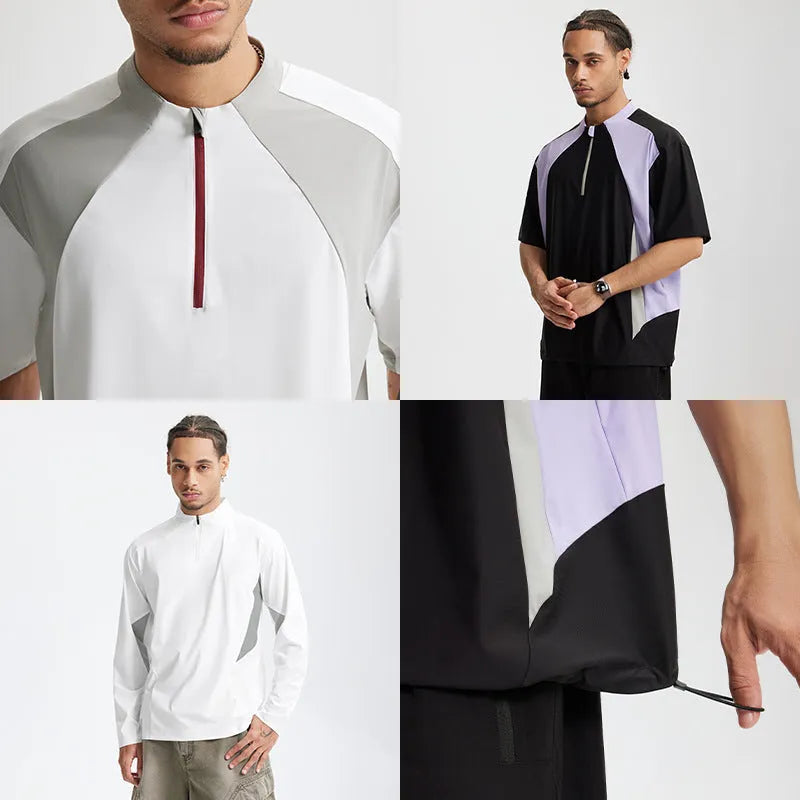 Men's solid-colour polyester top in black or beige with long sleeve and short sleeve options